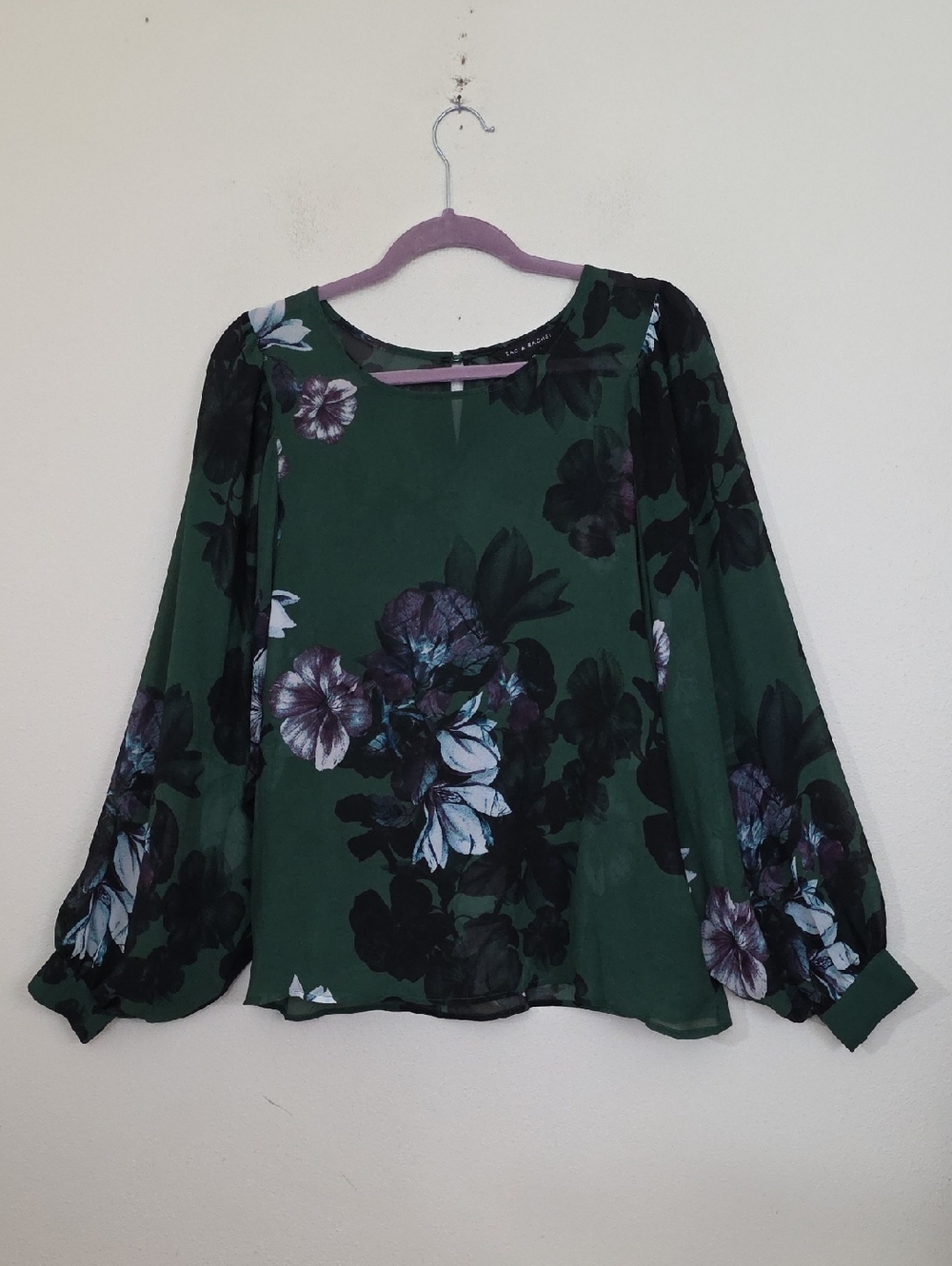 Zac & Rachel Green, Purple & White Sheer Floral Dolman Full Long Sleeves M